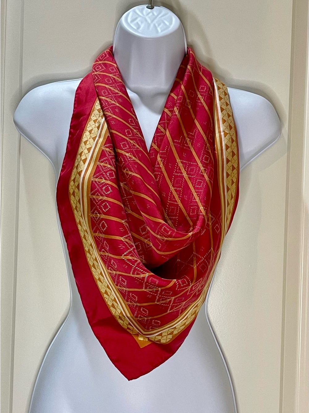 Vintage Triangle Brand 100% Silk Red and Gold Geometric Scarf